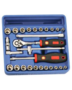 Genius Tools Socket Set 27 Piece Metric and SAE 1/4 Inch Drive High-Quality Hand Tool Kit - TW-227MS