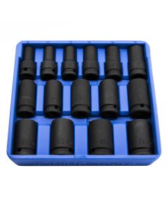Genius Tools Impact Socket Set 15 Piece Metric Semi-Deep Thin Wall 1/2 Inch Drive CR-Mo Steel High Strength - DI-415M
