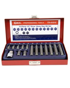 Genius Tools 15pc Star Bit Set 1/2" Dr High-Speed Steel TX-41015