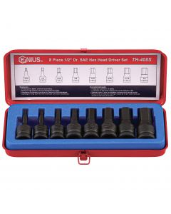 Genius Tools 8 Piece 1/2" Dr. SAE Hex Impact Bit Socket Set (CR-Mo) - TH-408S